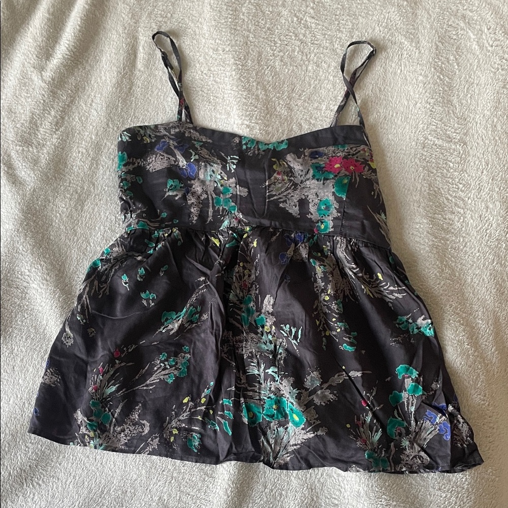 Billabong Black Floral Smocked Tank with Teal and Magenta Accents